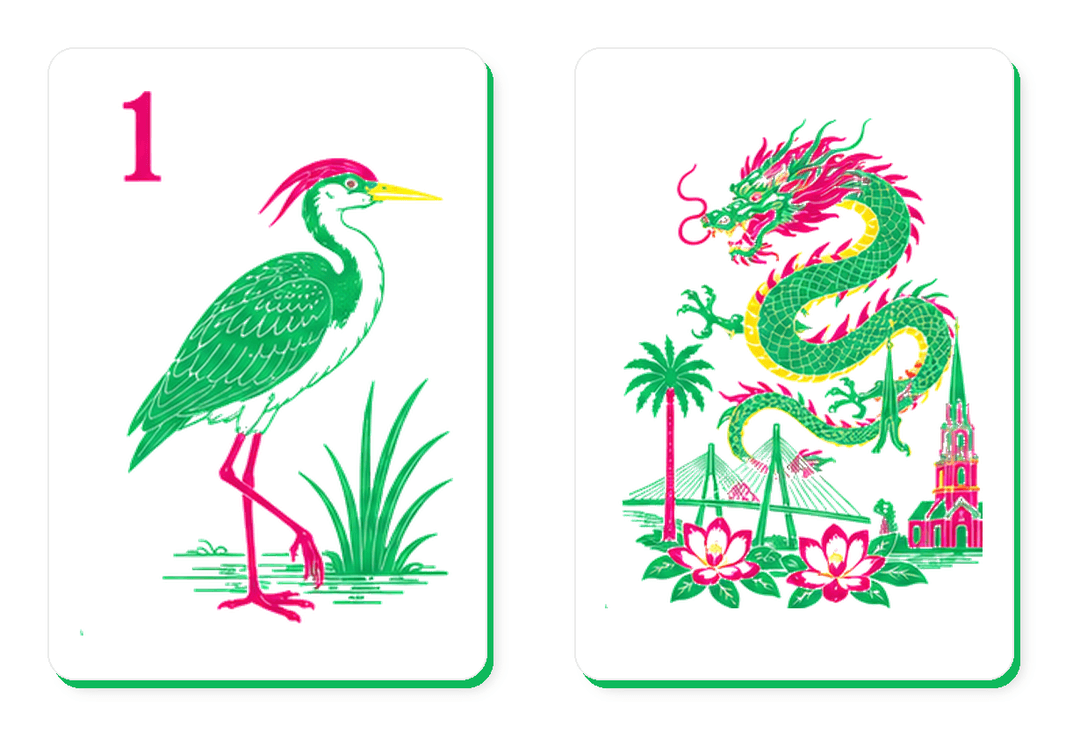 Hand-illustrated Charleston Shuffle Club mahjong tile featuring a heron